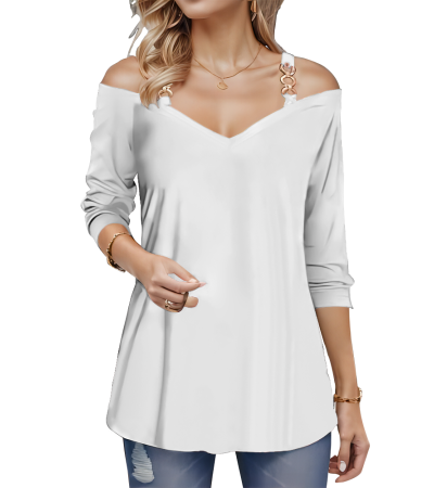 女仿棉V领露肩上衣LTW20650 - 仿棉-180g/S