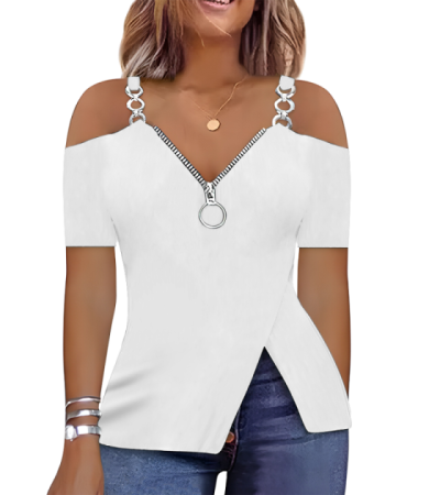 女仿棉拉架露肩V领装拉链吊带T恤LTW20468 - 仿棉-180g/S