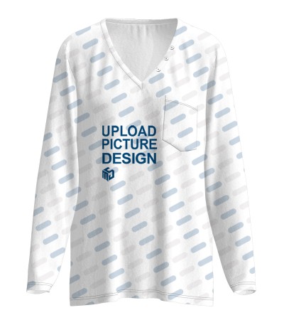 女数码印仿棉V领小贴袋带三粒纽扣长袖T恤LTW20513 - 仿棉-180g/S