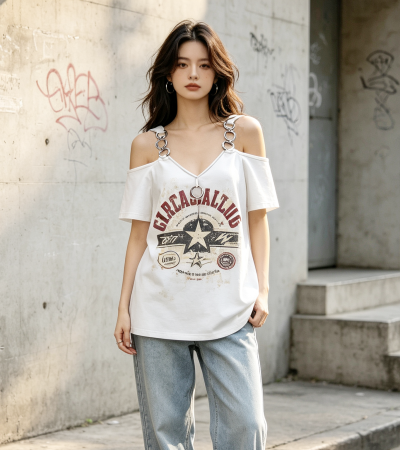 女装V领露肩拉链吊带T恤-LTW20404X - 仿棉-180g/S