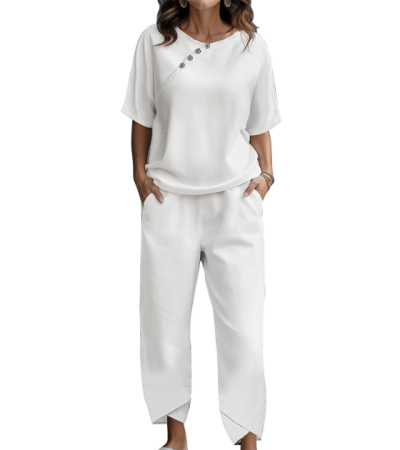 女竹节麻圆领短袖长裤套装S9530987 - 竹节麻-120g/S