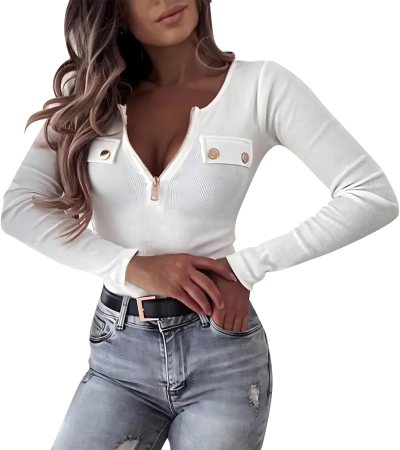 女螺纹坑条圆领门襟半拉链长袖T恤LTW20663 - 螺纹坑条-140g/S