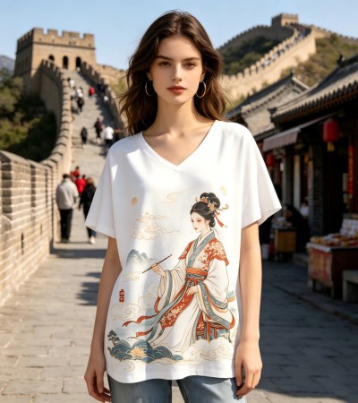 欧美标准码-女士V领数码印短袖T恤-LTWJ20035 - 竹节麻-120g/S