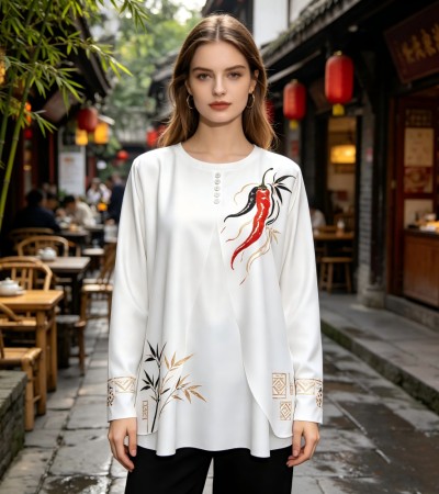亚洲标准码-女仿棉拉架圆领假二件领口5粒纽扣长袖T恤LTW20108X - 仿棉-180g/S