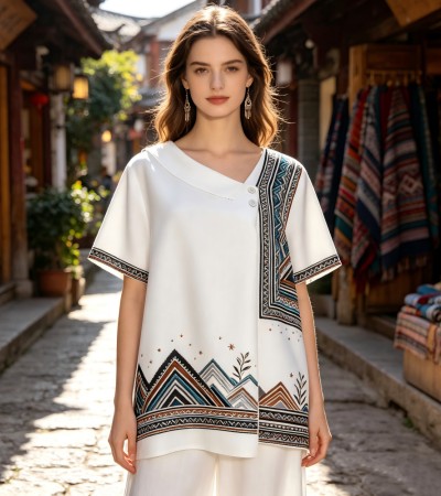 欧美标准码-女士不规则领短袖-A0022X - 仿棉-200g/S