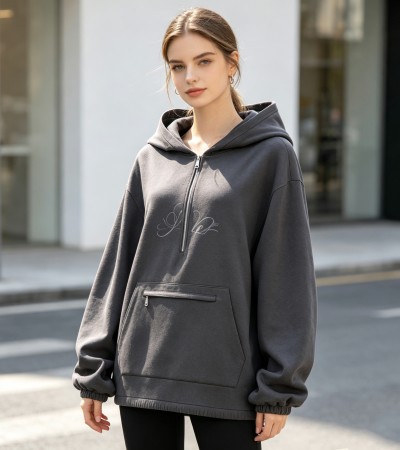 欧美码-女士带前袋双帽卫衣-XHY042 - 空气层-220g/S