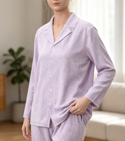 欧美码-女士古巴领长袖家居服（衣服）-A0186XAB-A - 仿棉-200g/S