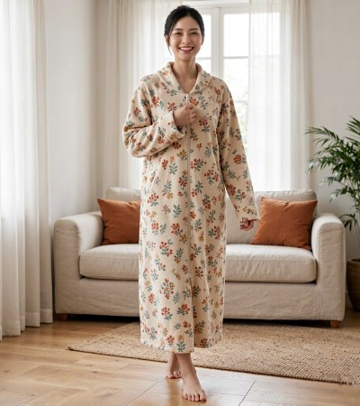 欧美码-女士长袖有袖口双侧袋翻领睡袍-A0162X - 双面法兰绒-280g/S