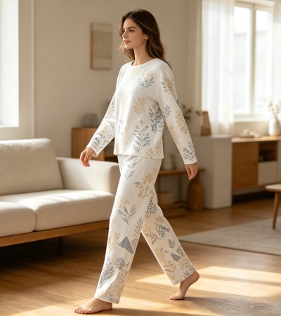欧美码-圆领女士长款家居服套装无袖无袋无脚口-R0002X - 仿棉-180g/2XS