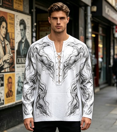 欧美码-男仿棉前中抽绳圆领长袖T恤（LTM100248加码4XL-6XL)-DM100248 - 仿棉-180g/S