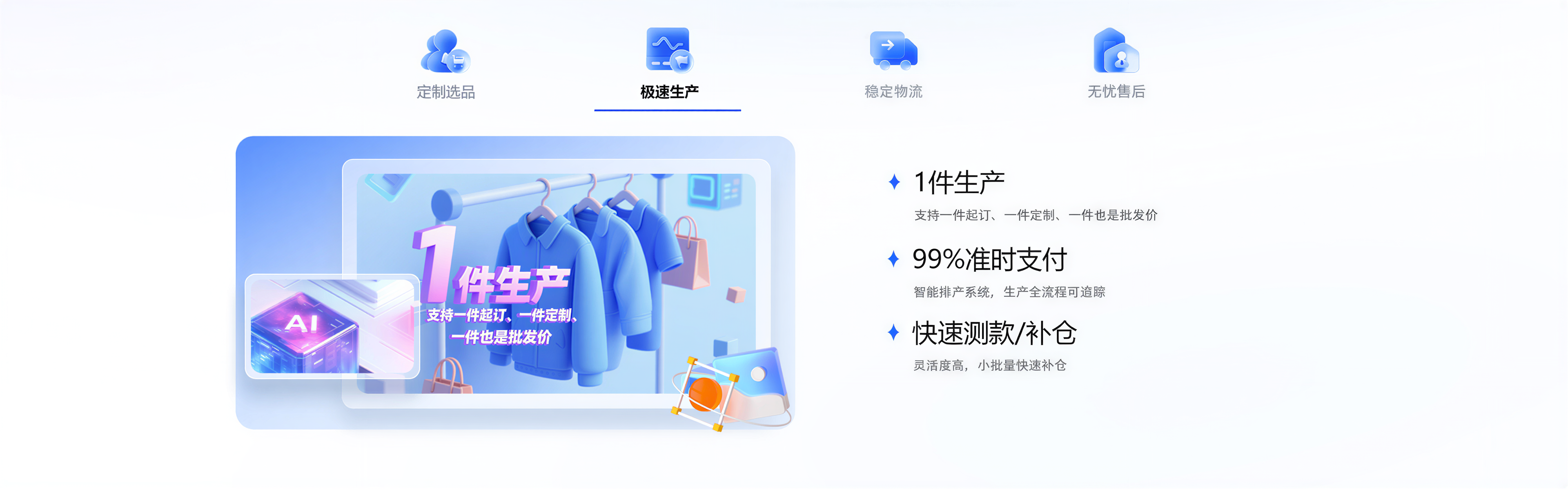 POD定制产品极速生产：1件生产，支持一件起订，一件定制，一件也是批发价；95%准时交付，智能排产系统，生产全流程可追踪；快速测款/补仓，灵活度高，小批量快速补仓