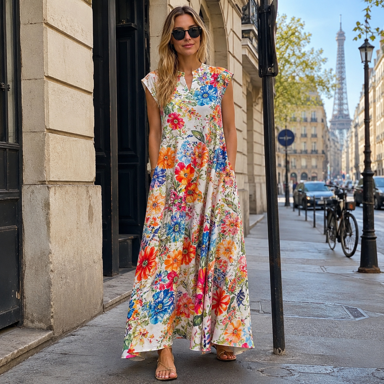 Custom Women's V-neck Maxi Dress with Pockets
