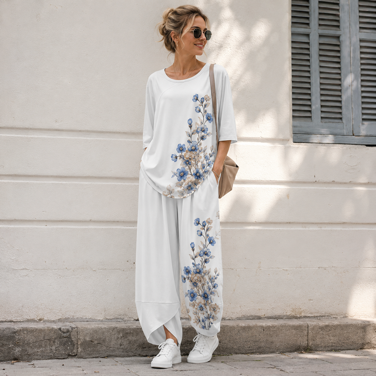 Custom Women's Crew Neck Short Sleeve Irregular Top & Long Pants Set