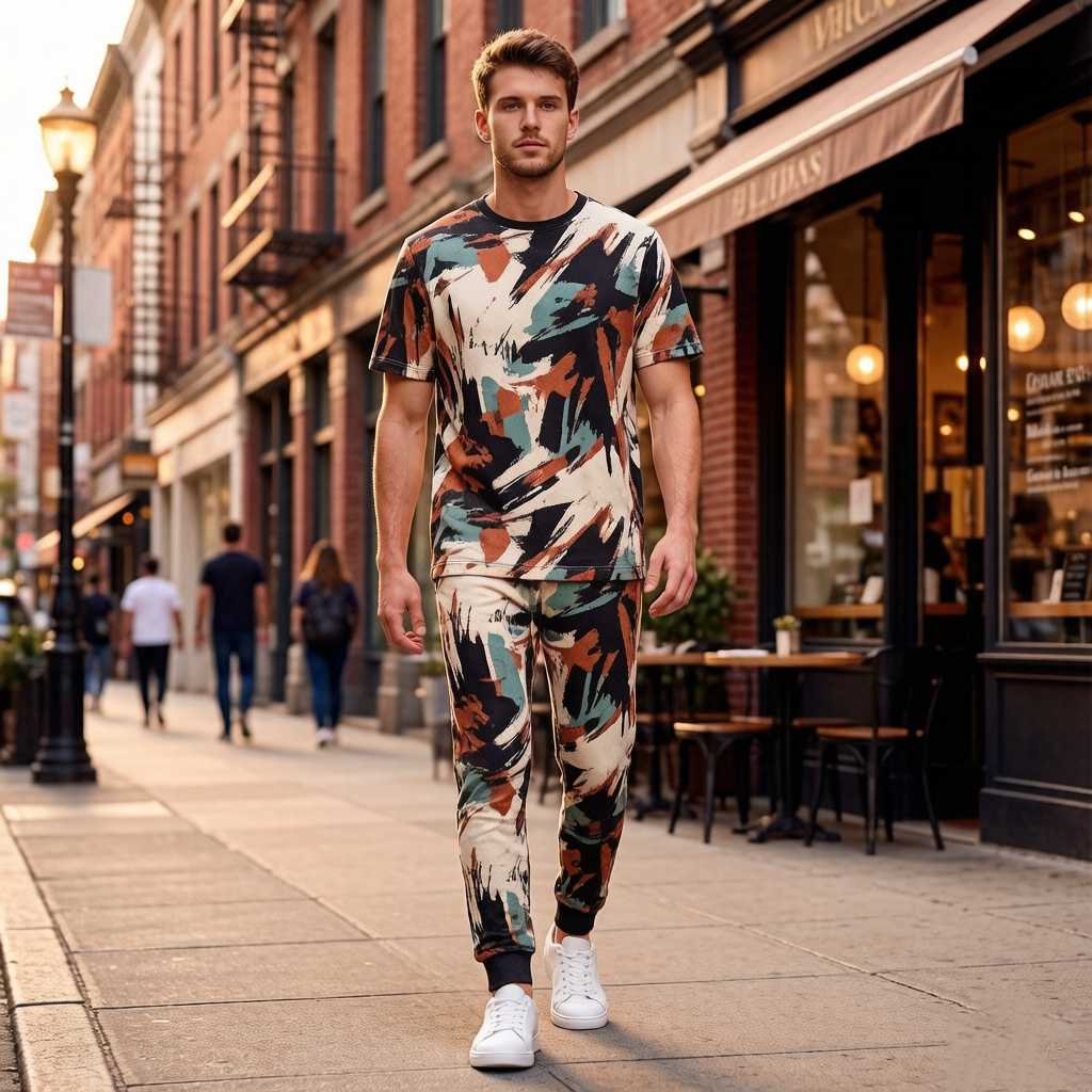 Custom Men's Round neck Short Sleeved Top&Pants Set Without Pocket