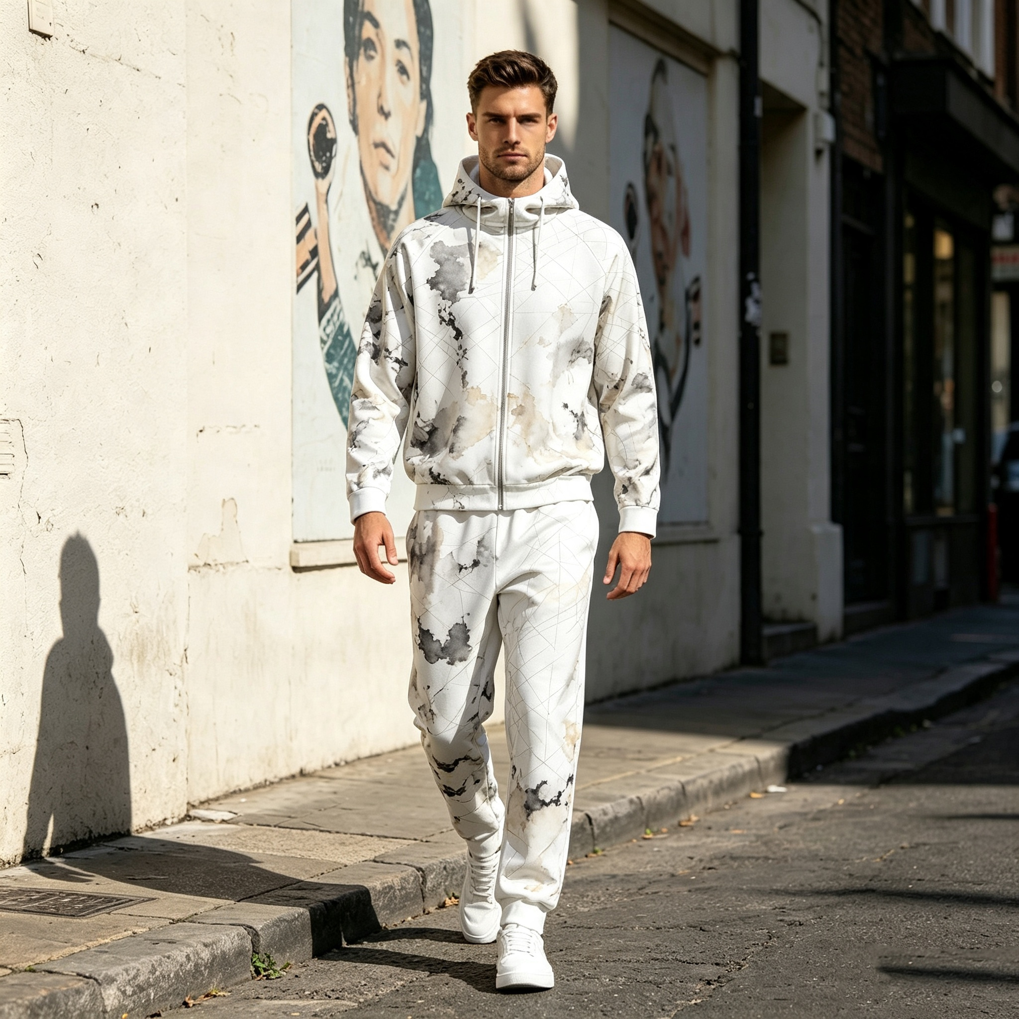 Custom Men's Zipper Hood Coat Top & Pants Set Without Pocket